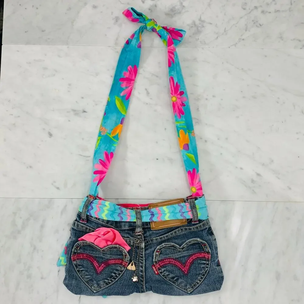LEVI'S Denim Purse Floral Embroidered Heart Pockets Belt Charms Jean Bag EUC